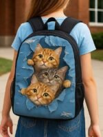 Cute cat print backpack for kids and teens - Denim style, Double - Image 2