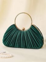 Green Elegant Pleated Velvet Clutch with Gold Ring Handle -