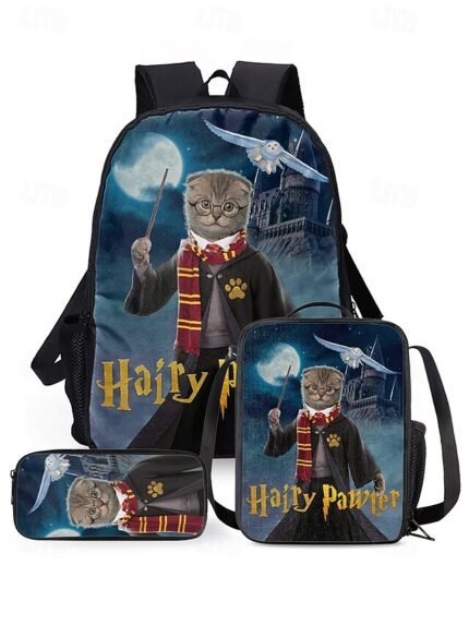 Kids' 3-Piece Wizard Cat Backpack Set – Fantasy Cat Print