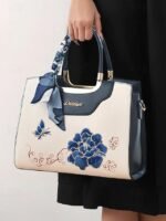 Women's Embroidered Faux Leather Handbag with Scarf Accent - Image 2