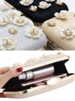 Women's 3D Floral Clutch with Pearl Accents and Gold Chain - Image 7