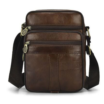 Men's Brown Leather Crossbody Bag with Multiple Zipper