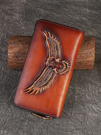 Women's Genuine Leather Long Wallet with Carved Eagle