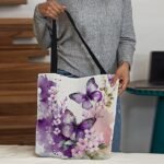 Women's Butterfly Print Canvas Tote Bag with Floral Design, - Image 3