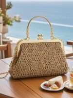 Women's Vintage Woven Straw Handbag – Elegant Kiss Lock