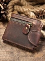 Men's Vintage Brown Leather Wallet with Zipper Pocket and