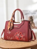Women's Embroidered Faux Leather Handbag with Scarf Accent - Image 12