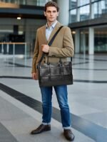Men's Black Leather Tote Briefcase - Large Business Tote - Image 3