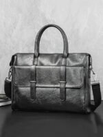 Men's Black Leather Tote Briefcase - Large Business Tote - Image 4
