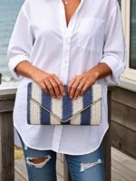 Women's Striped Woven Envelope Clutch - With chain, can be - Image 2