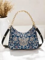 Women's Vintage Floral Print Shoulder Bag with Gold Chain - Image 13