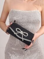 Blue Glitter Clutch Purse with Rhinestone Bow Accent, Elegant