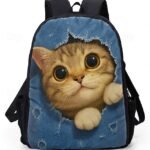 Cute cat print backpack for kids and teens - Denim style, Double