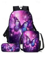 Girls Butterfly Print School Backpack 3-Piece Set with Insulated